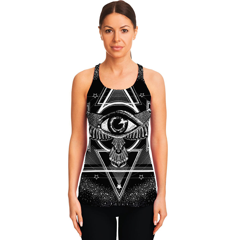 Black And White All Seeing Eye Print Women's Racerback Tank Top