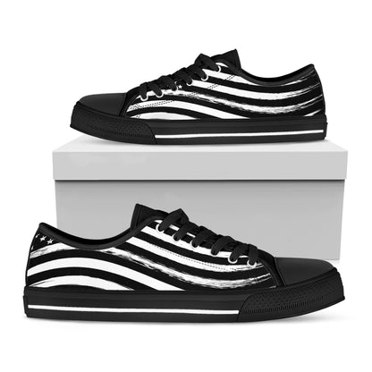 Black And White American Flag Print Black Low Top Shoes 