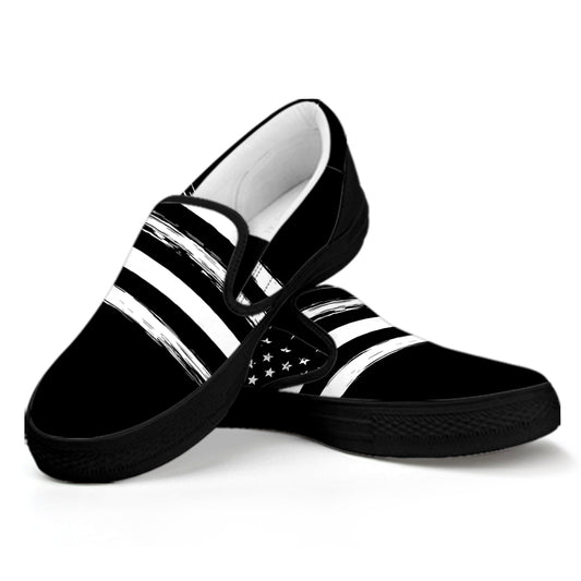 Black And White American Flag Print Black Slip On Shoes