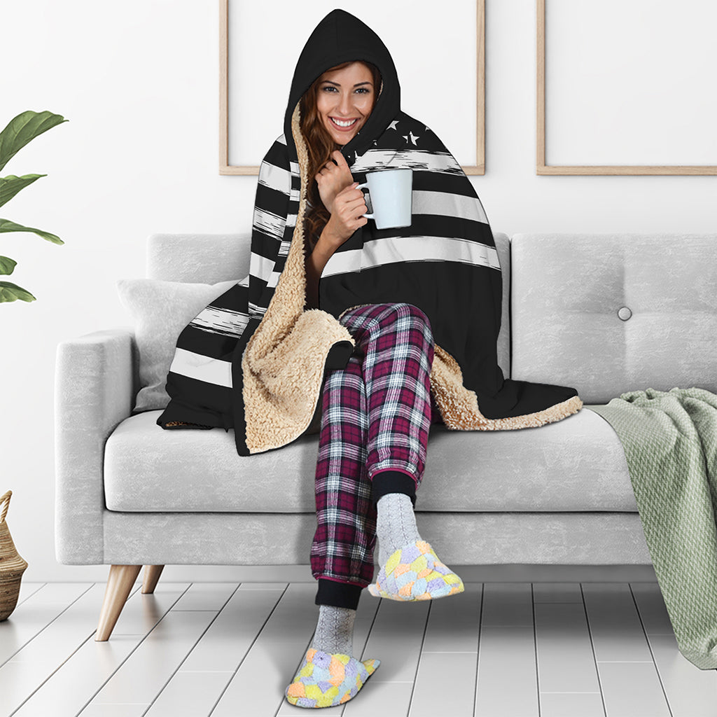 Black And White American Flag Print Hooded Blanket