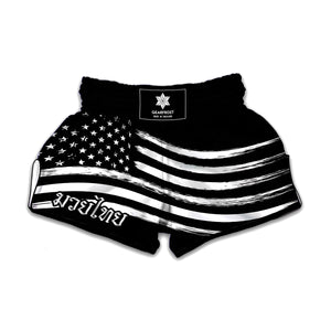 Black And White American Flag Print Muay Thai Boxing Shorts