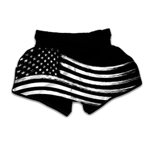 Black And White American Flag Print Muay Thai Boxing Shorts