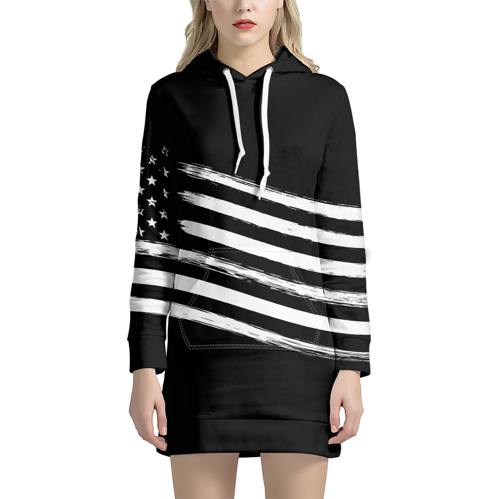 Black And White American Flag Print Pullover Hoodie Dress