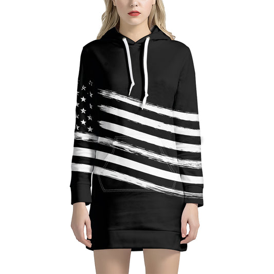 Black And White American Flag Print Pullover Hoodie Dress
