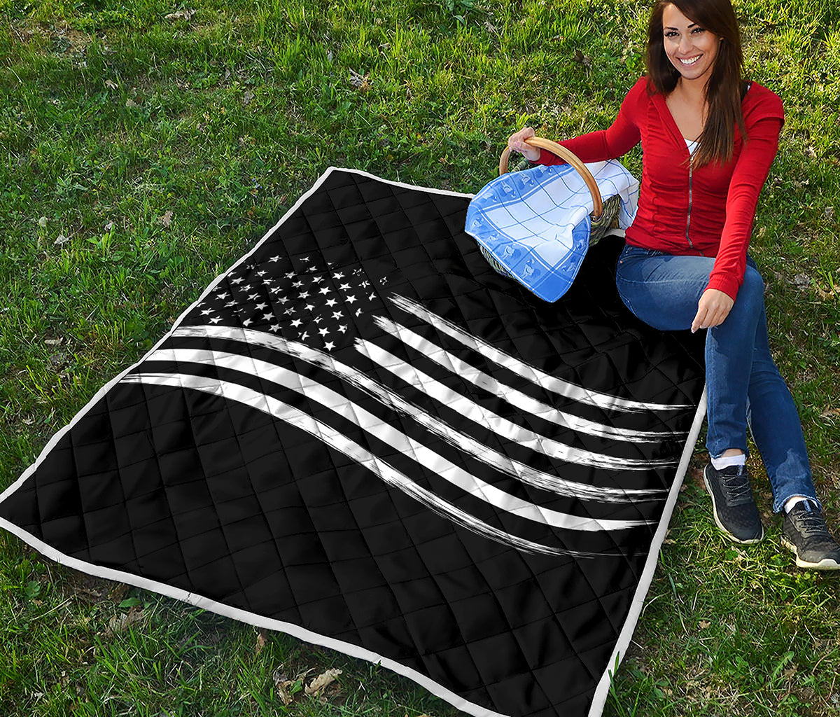 Black And White American Flag Print Quilt
