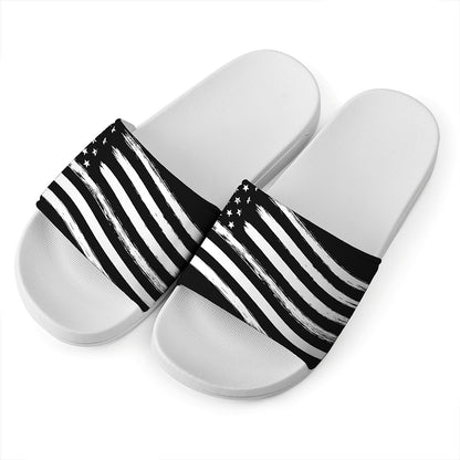 Black And White American Flag Print White Slide Sandals