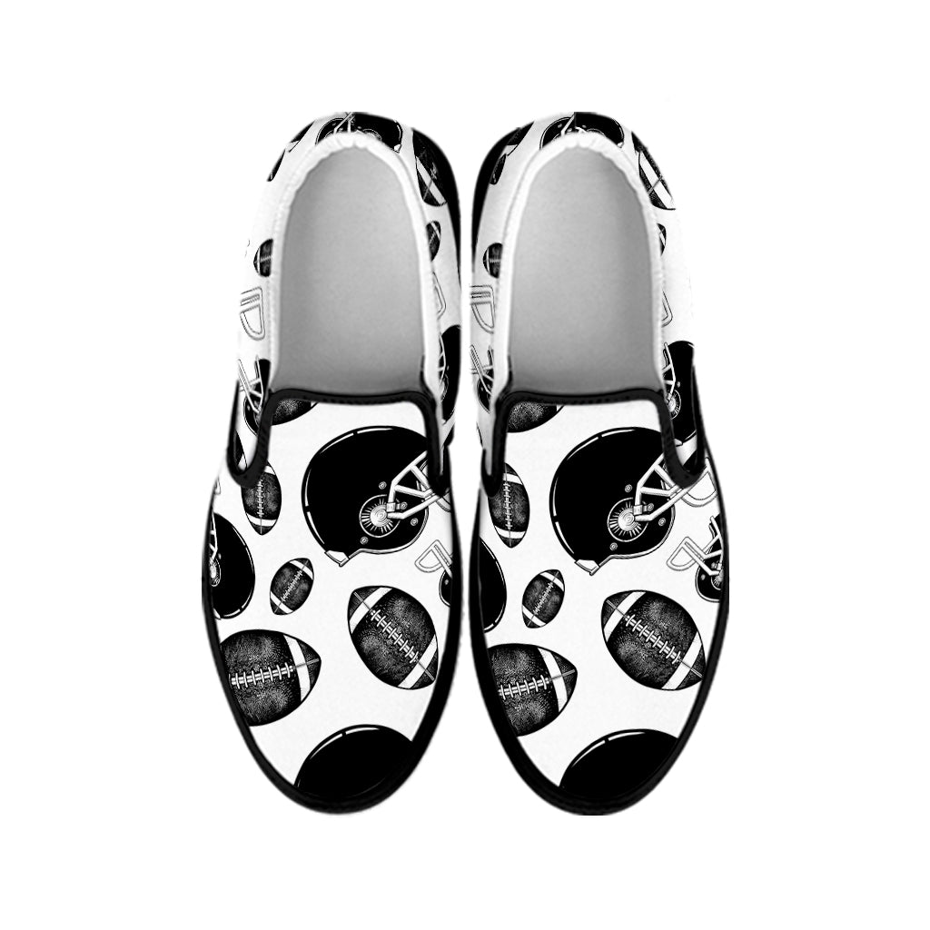 Black And White American Football Print Black Slip On Shoes