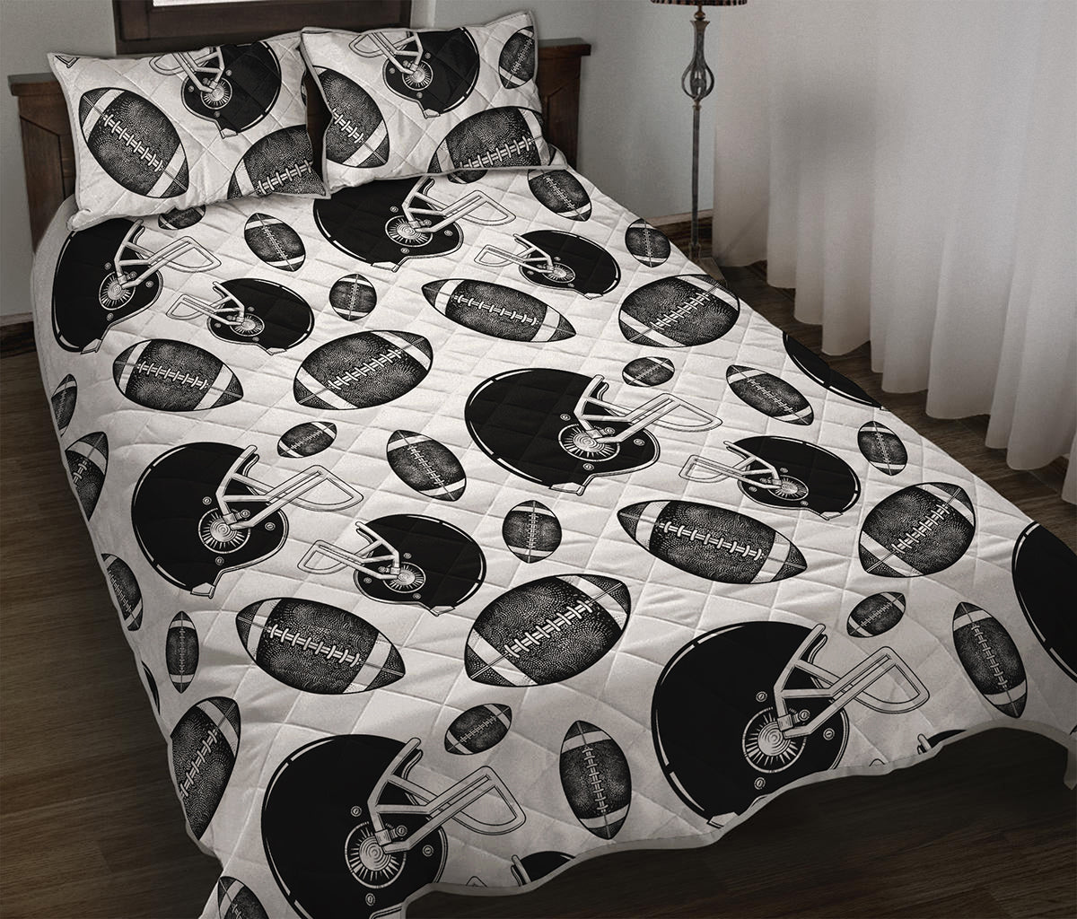 Black And White American Football Print Quilt Bed Set