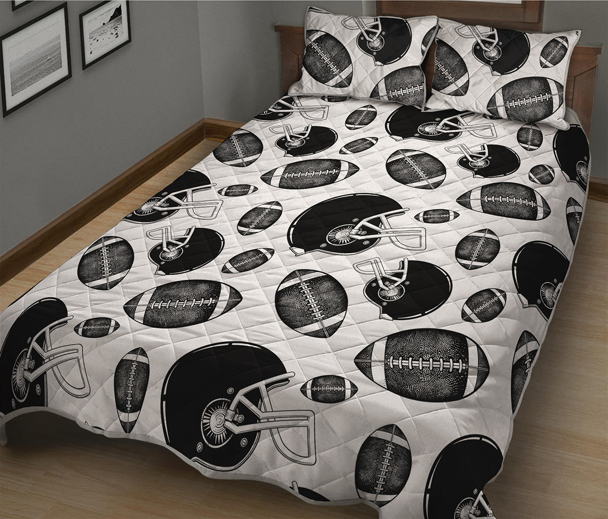 Black And White American Football Print Quilt Bed Set