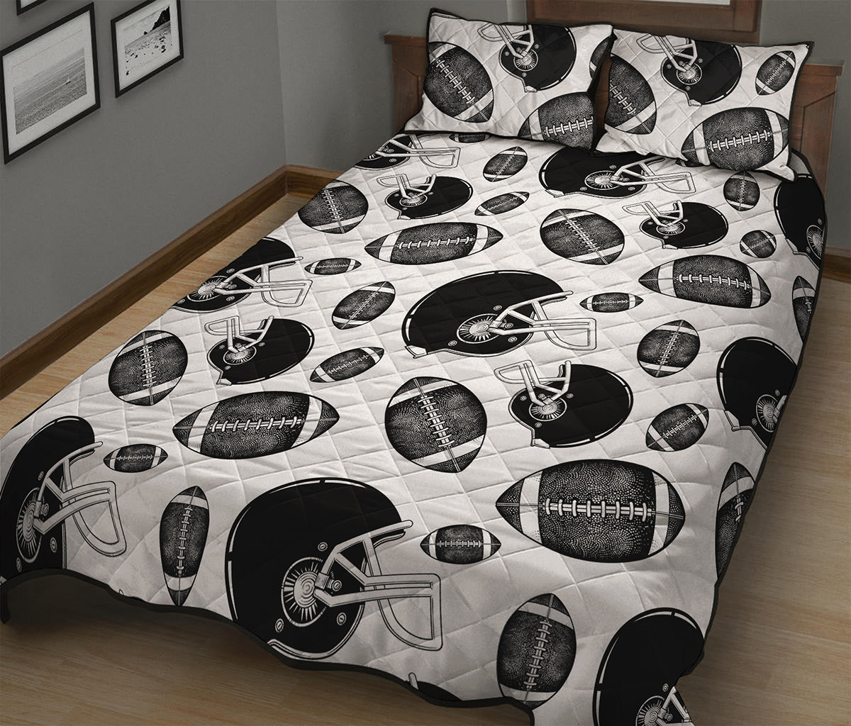 Black And White American Football Print Quilt Bed Set