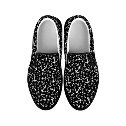 Black And White Anchor Pattern Print Black Slip On Shoes
