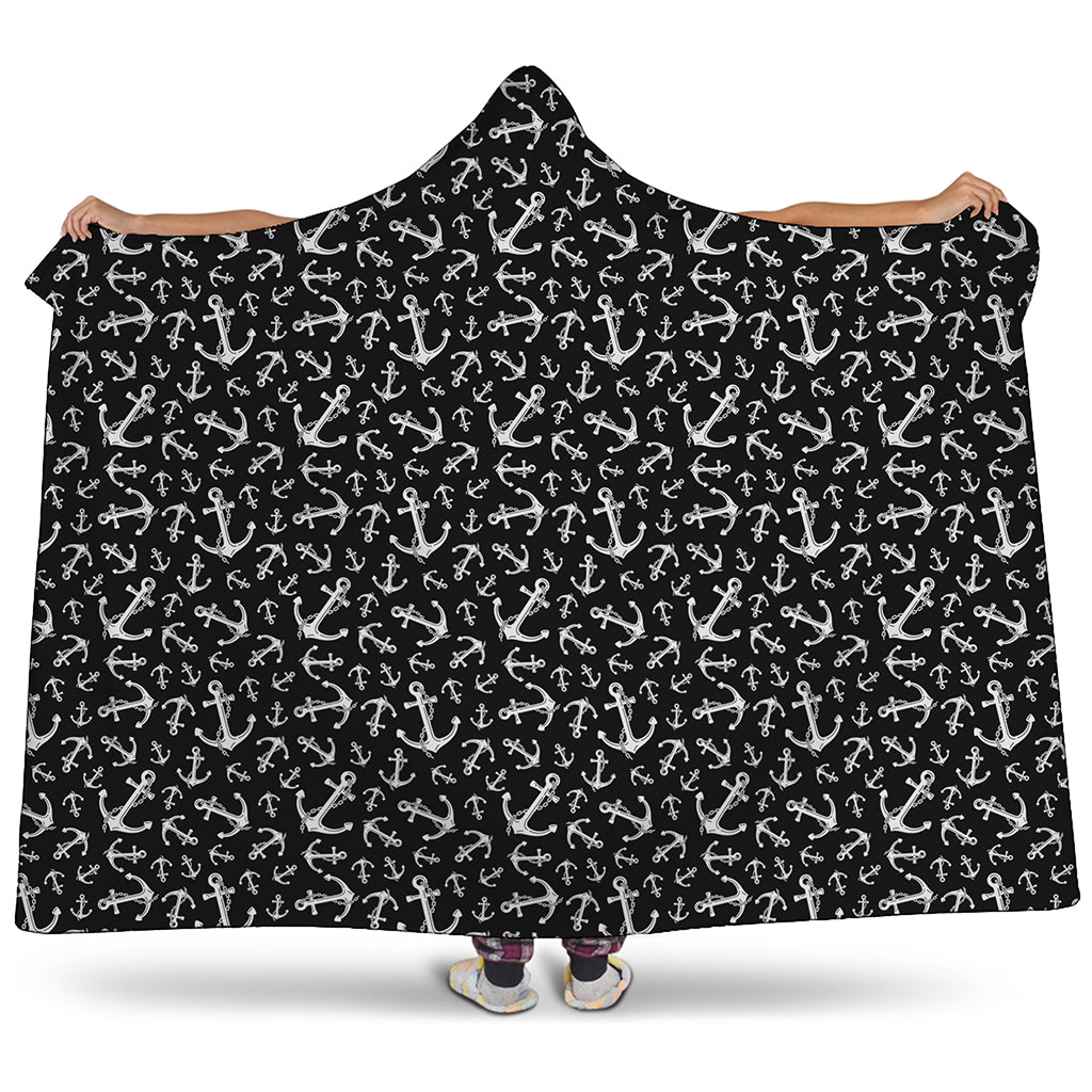 Black And White Anchor Pattern Print Hooded Blanket