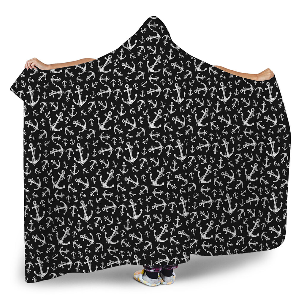 Black And White Anchor Pattern Print Hooded Blanket