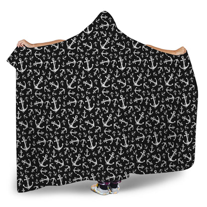 Black And White Anchor Pattern Print Hooded Blanket