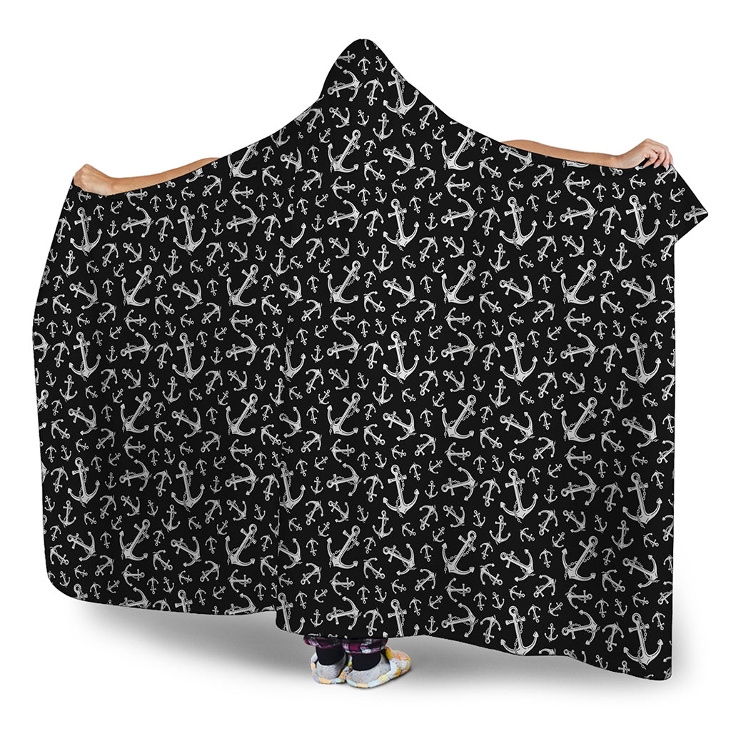 Black And White Anchor Pattern Print Hooded Blanket