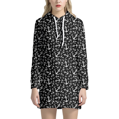 Black And White Anchor Pattern Print Hoodie Dress