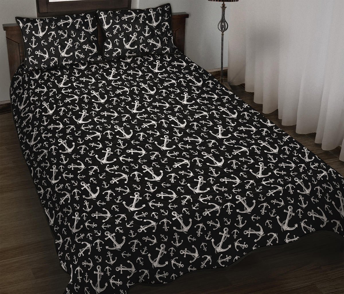 Black And White Anchor Pattern Print Quilt Bed Set