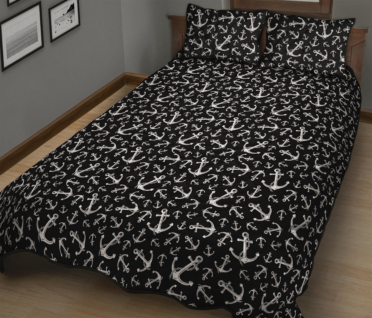 Black And White Anchor Pattern Print Quilt Bed Set