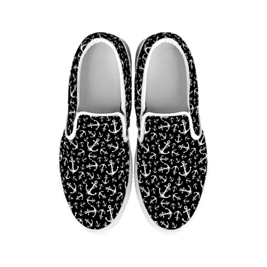 Black And White Anchor Pattern Print White Slip On Shoes