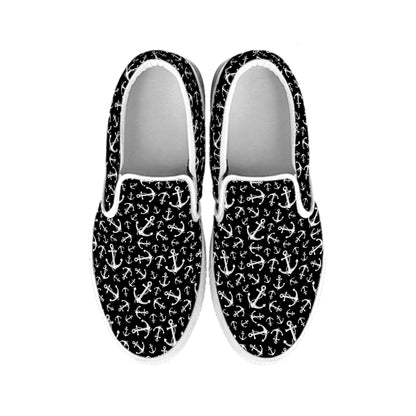 Black And White Anchor Pattern Print White Slip On Shoes