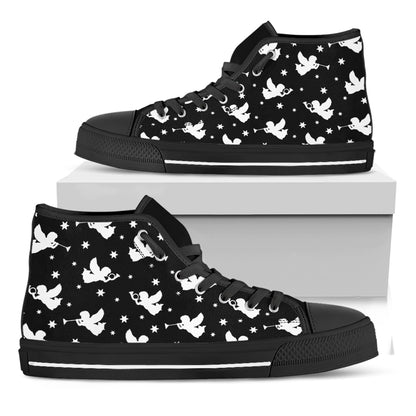 Black And White Angel Pattern Print Black High Top Shoes