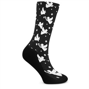 Black And White Angel Pattern Print Crew Socks