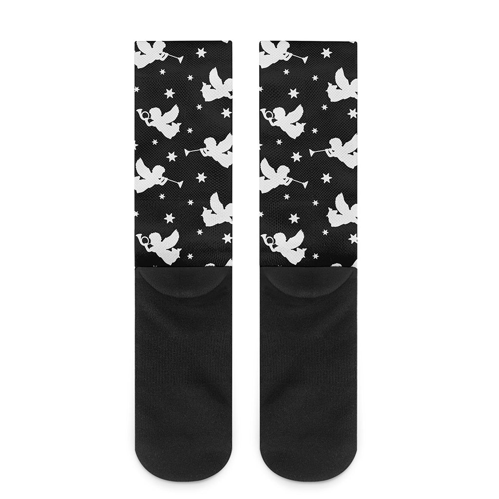 Black And White Angel Pattern Print Crew Socks