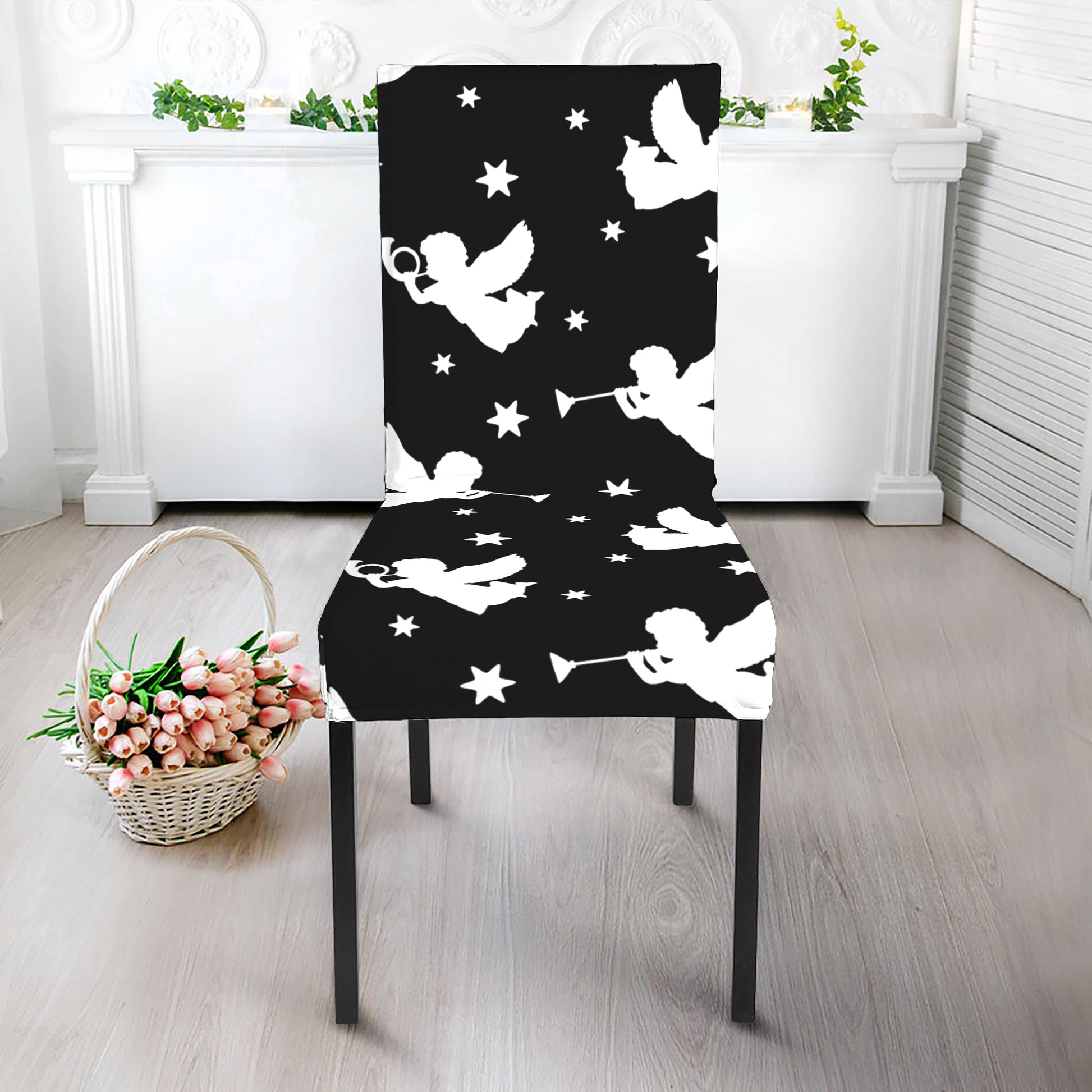 Black And White Angel Pattern Print Dining Chair Slipcover