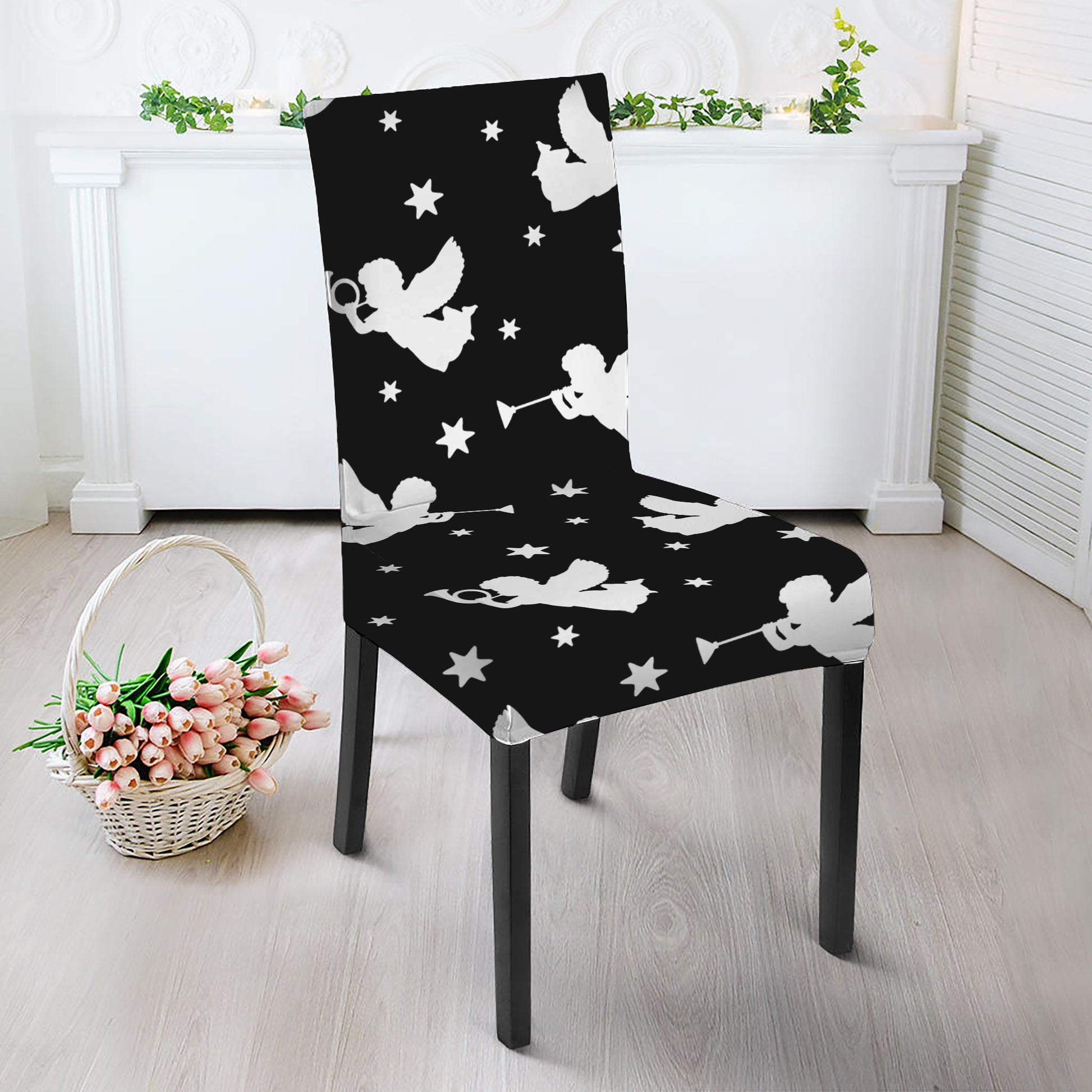 Black And White Angel Pattern Print Dining Chair Slipcover