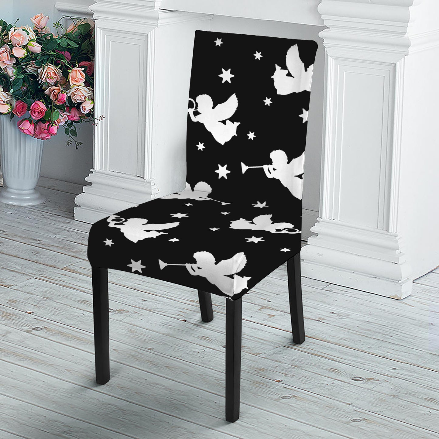 Black And White Angel Pattern Print Dining Chair Slipcover