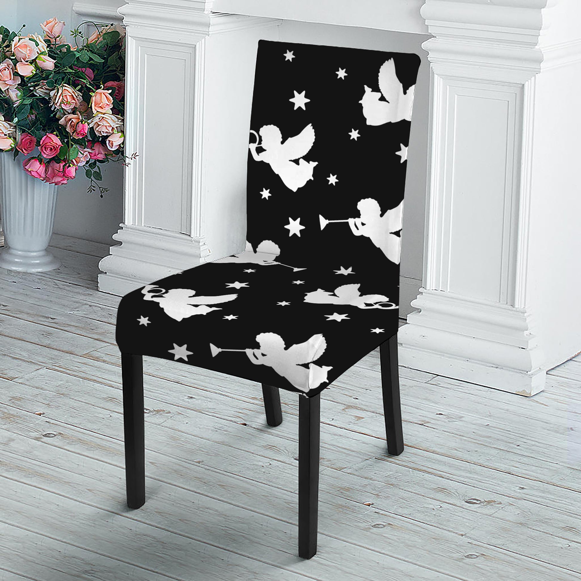 Black And White Angel Pattern Print Dining Chair Slipcover
