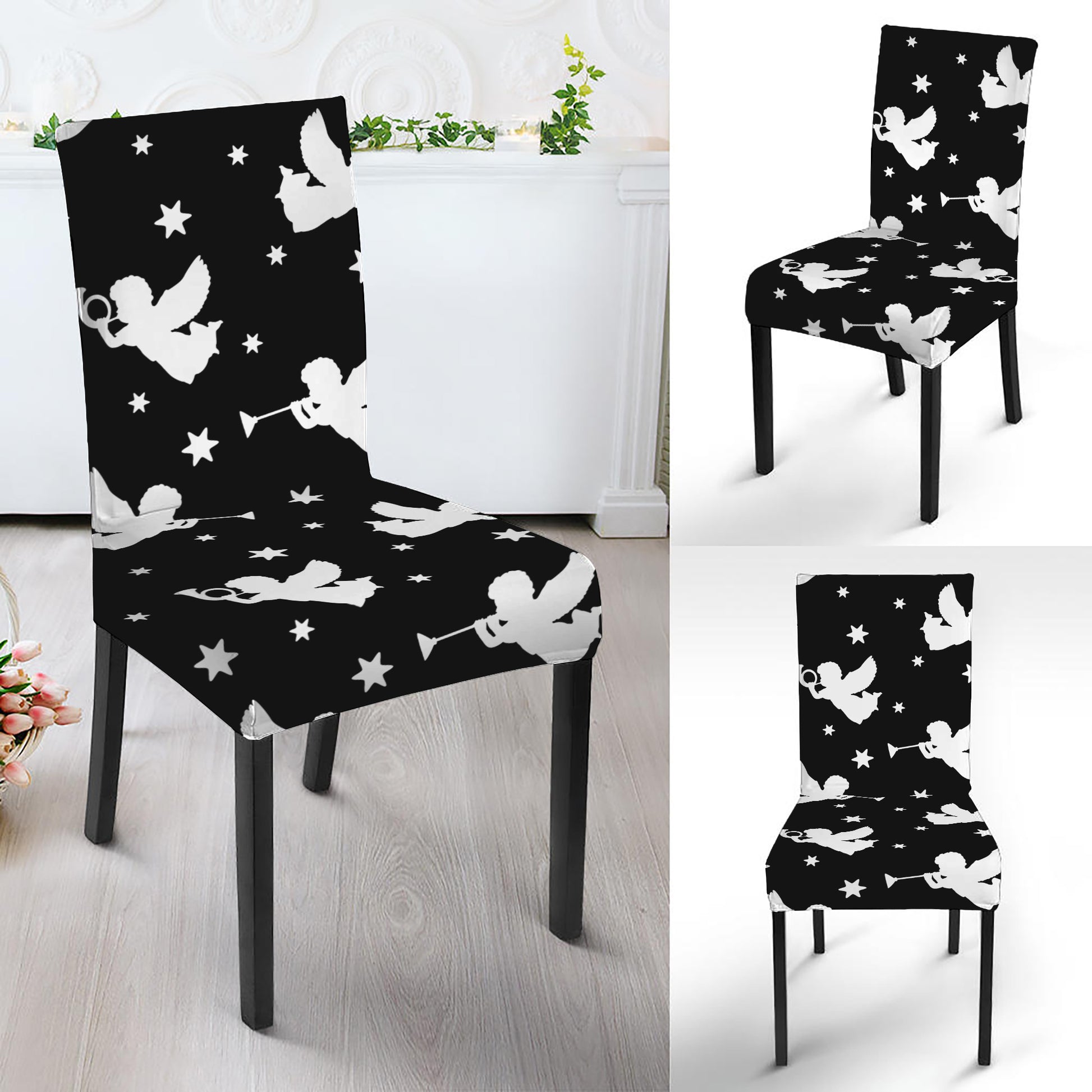Black And White Angel Pattern Print Dining Chair Slipcover