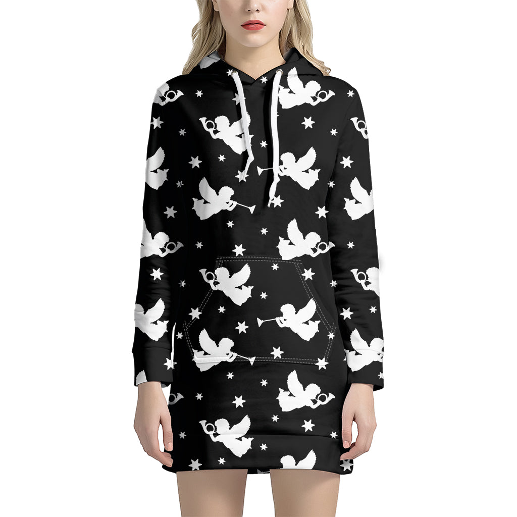 Black And White Angel Pattern Print Hoodie Dress