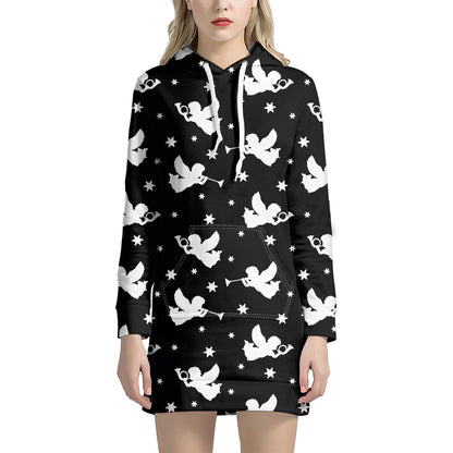 Black And White Angel Pattern Print Hoodie Dress