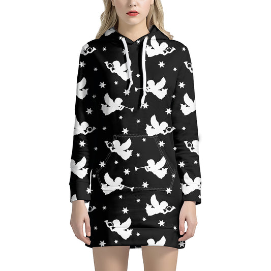 Black And White Angel Pattern Print Hoodie Dress