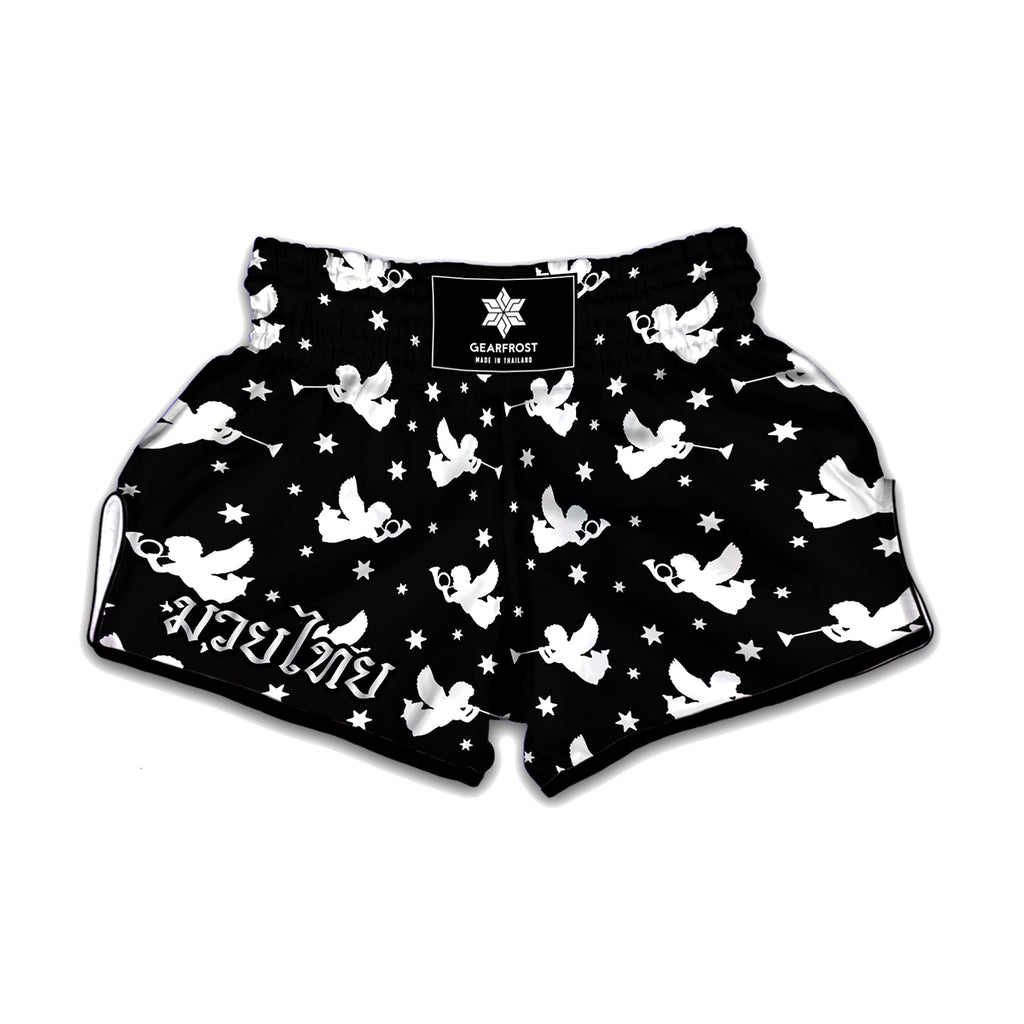 Black And White Angel Pattern Print Muay Thai Boxing Shorts