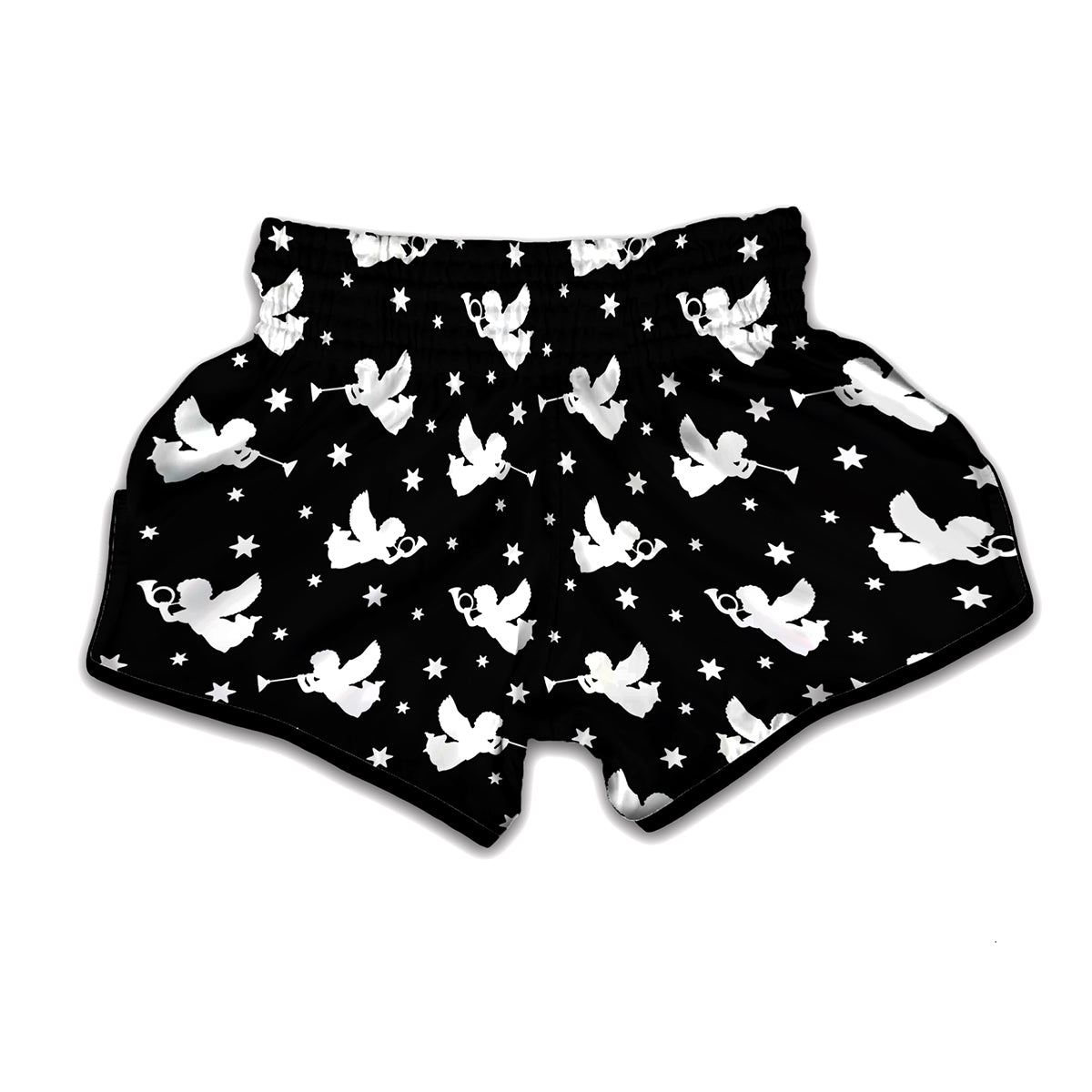 Black And White Angel Pattern Print Muay Thai Boxing Shorts