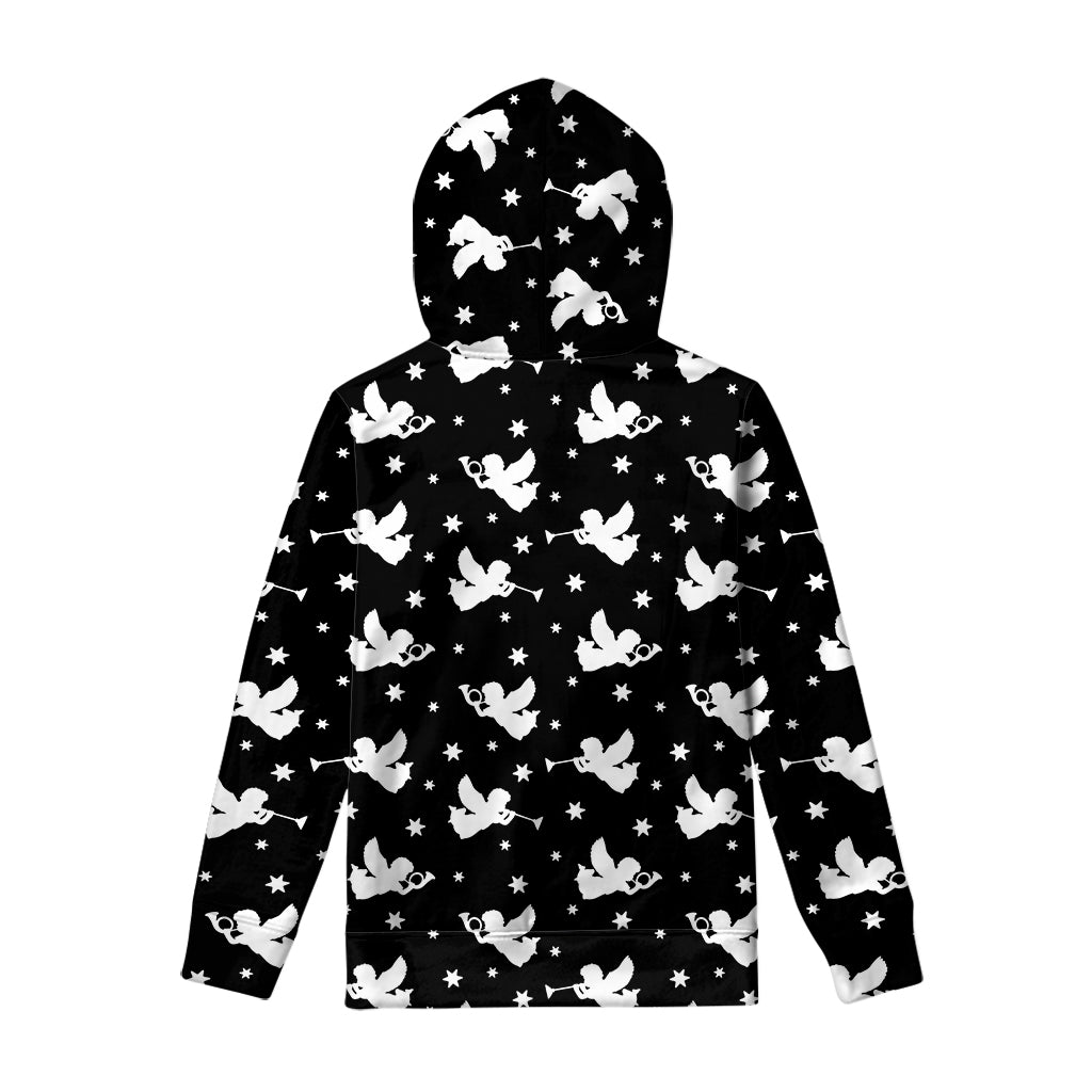 Black And White Angel Pattern Print Pullover Hoodie