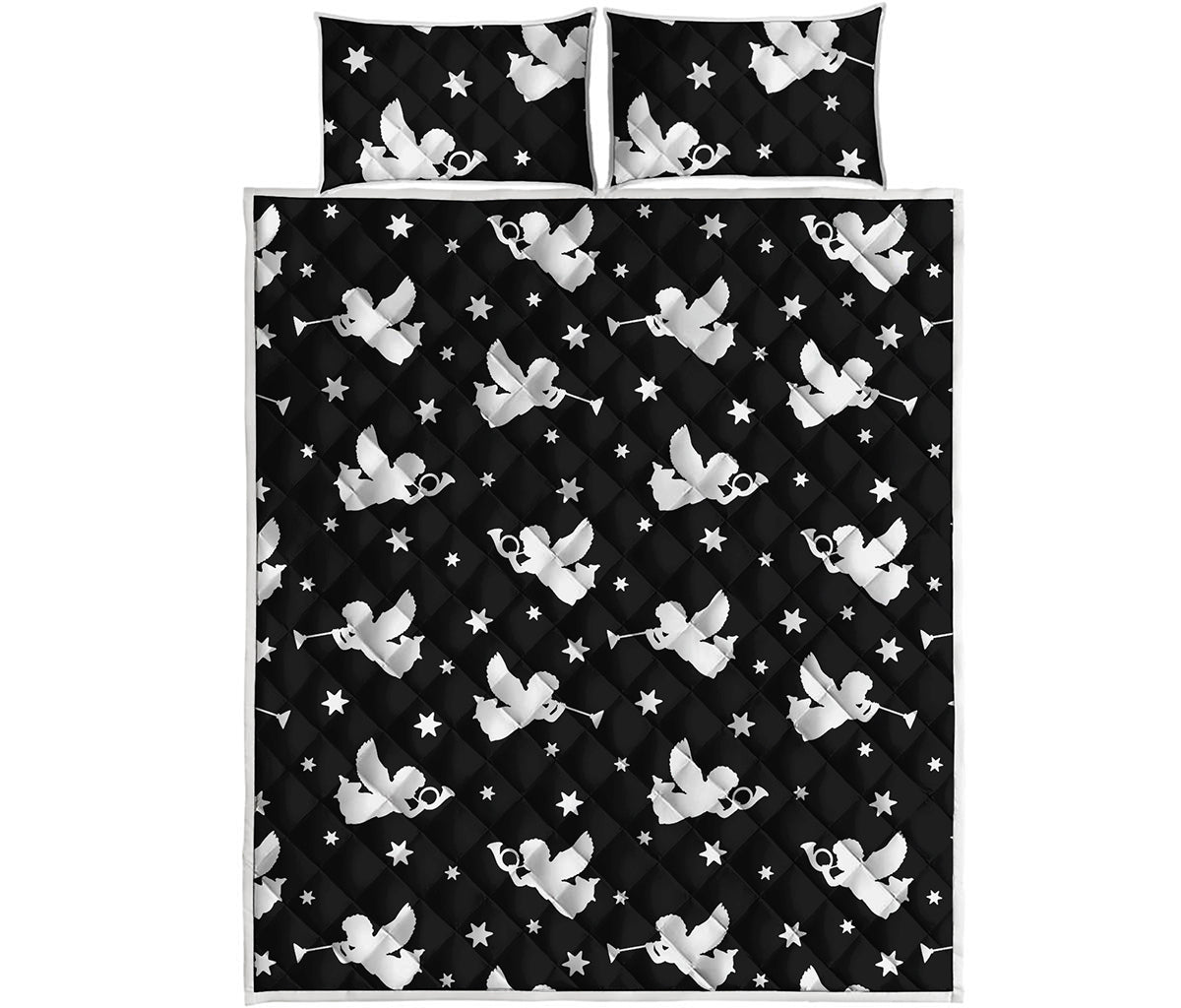Black And White Angel Pattern Print Quilt Bed Set