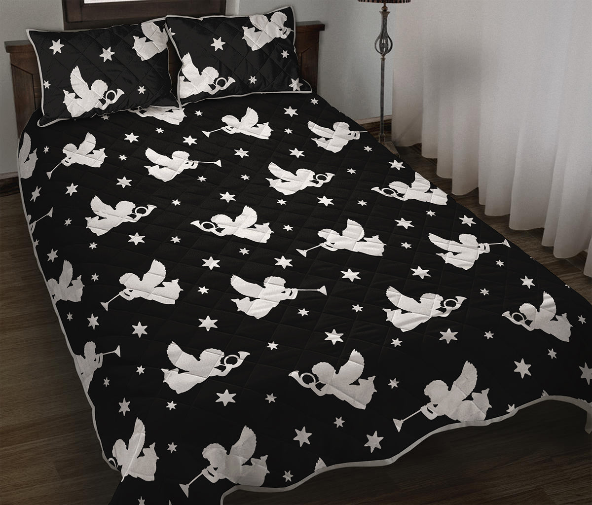 Black And White Angel Pattern Print Quilt Bed Set