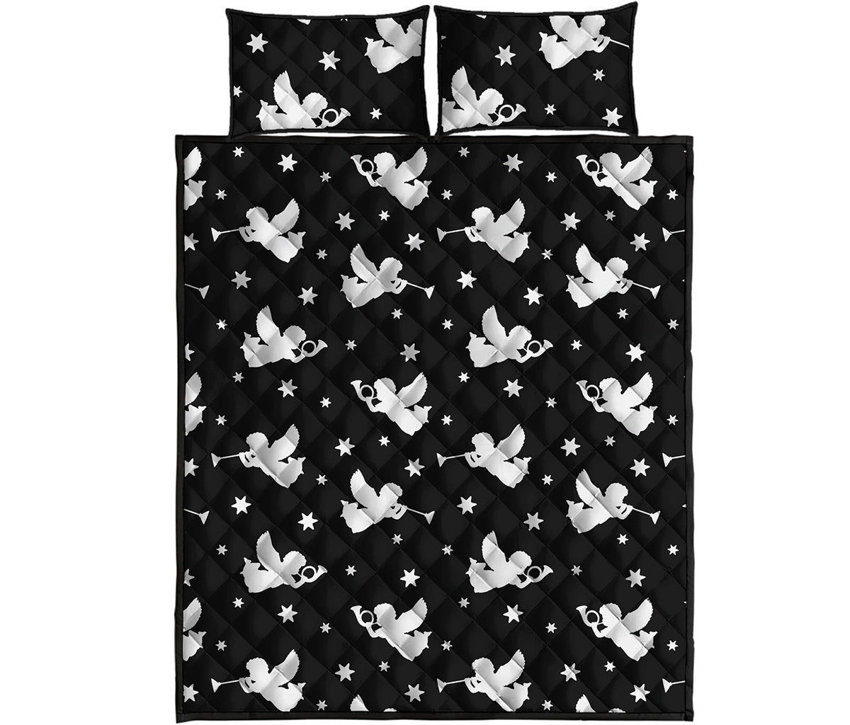 Black And White Angel Pattern Print Quilt Bed Set