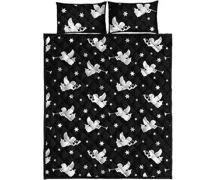 Black And White Angel Pattern Print Quilt Bed Set