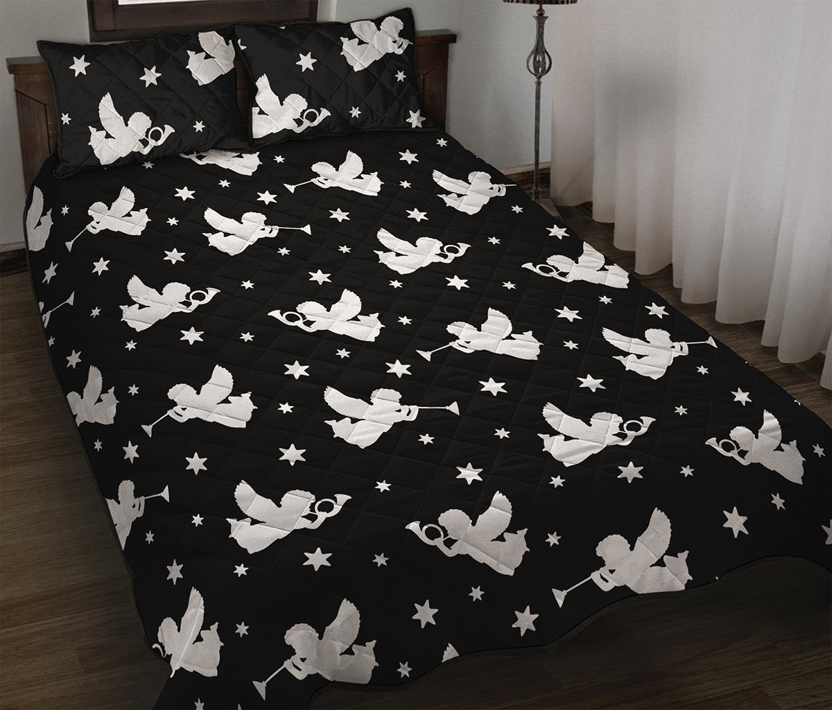 Black And White Angel Pattern Print Quilt Bed Set
