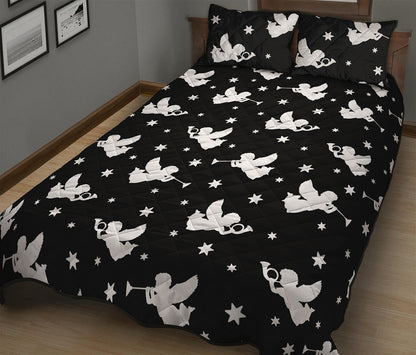 Black And White Angel Pattern Print Quilt Bed Set