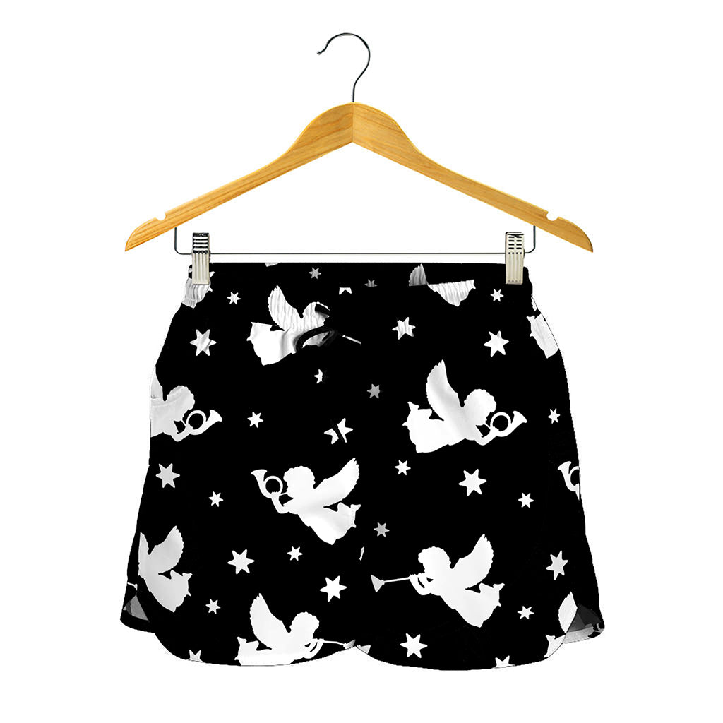 Black And White Angel Pattern Print Women's Shorts