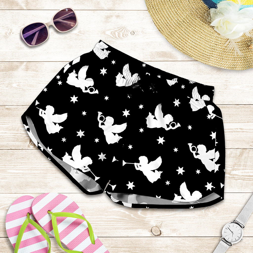 Black And White Angel Pattern Print Women's Shorts