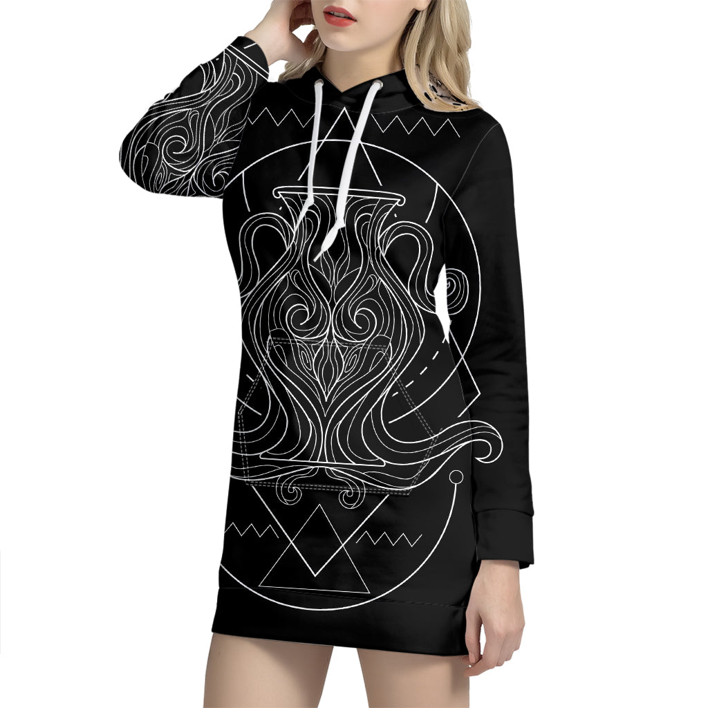 Black And White Aquarius Sign Print Pullover Hoodie Dress