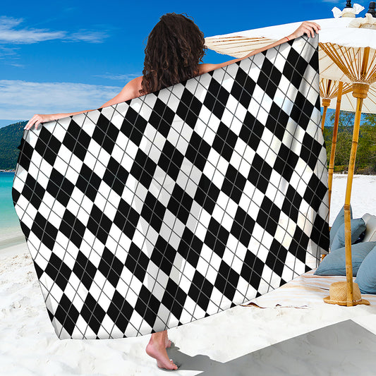 Black And White Argyle Pattern Print Beach Sarong Wrap