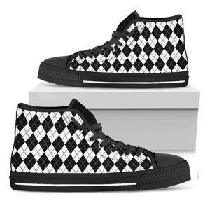 Black And White Argyle Pattern Print Black High Top Shoes