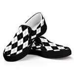 Black And White Argyle Pattern Print Black Slip On Shoes